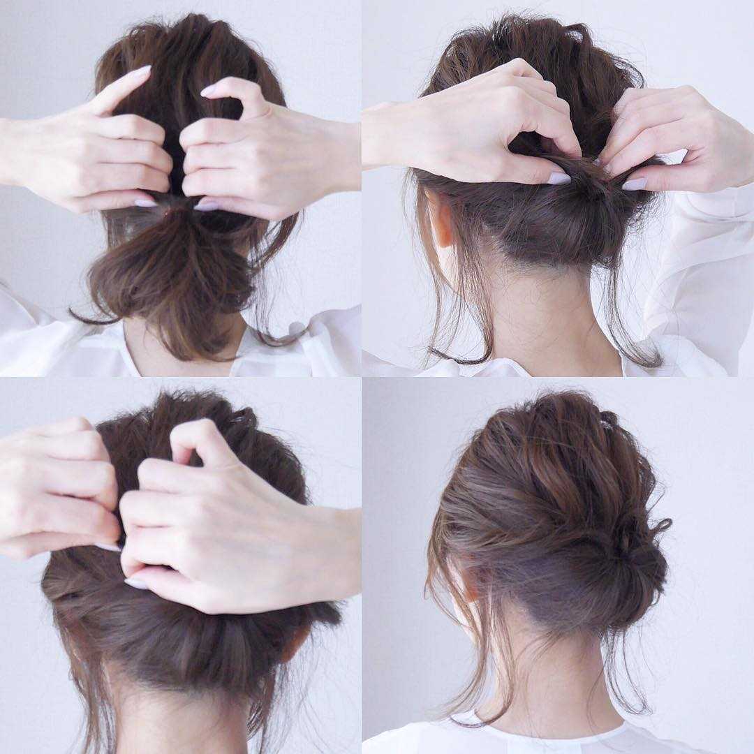 Как сделать небрежный пучок на голове с помощью резинки на средние волосы
