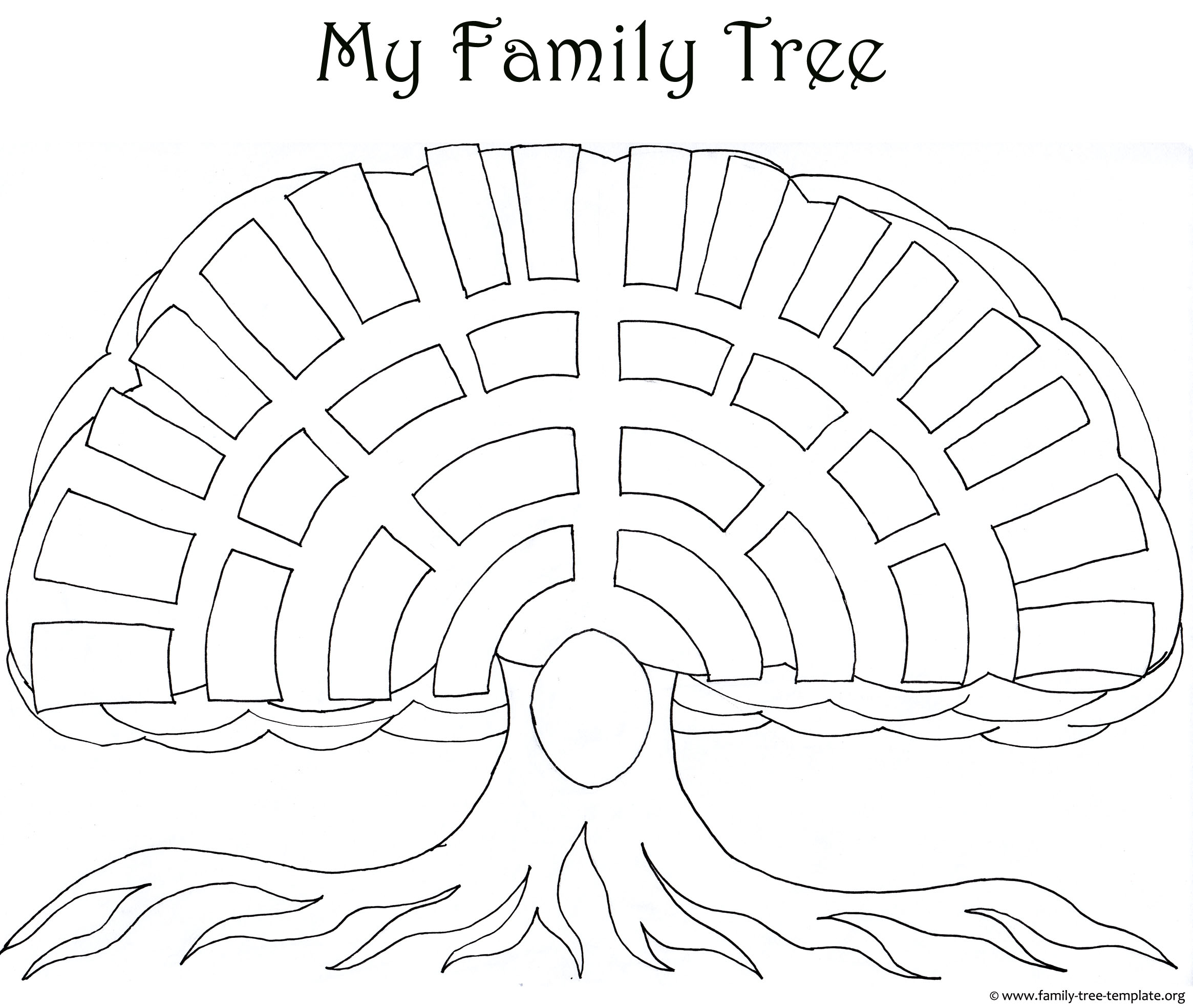 Big oak family tree template as a coloring page for kids and their parents.