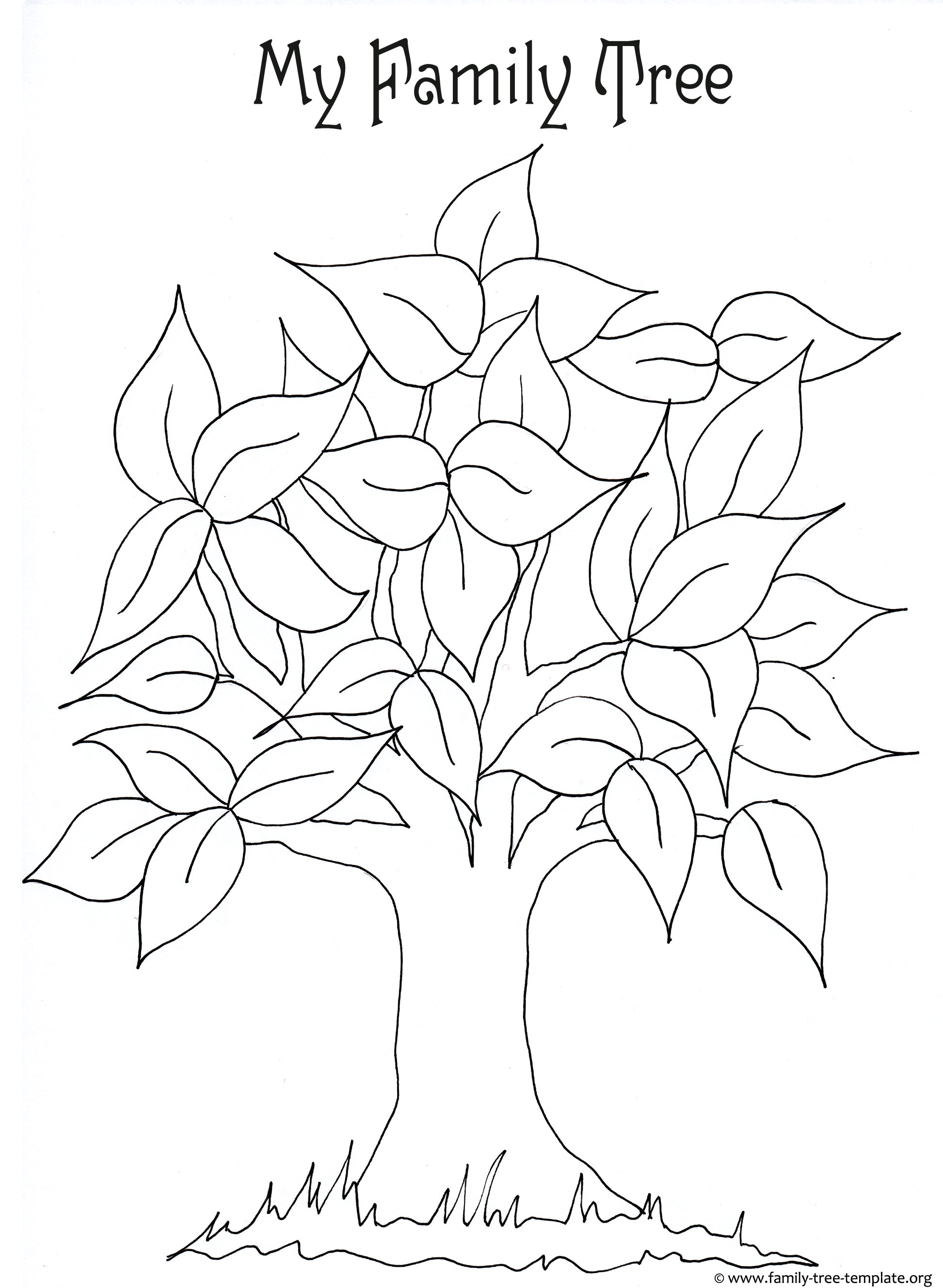 Free printable coloring page for kids with leaves and tree trunk to color.