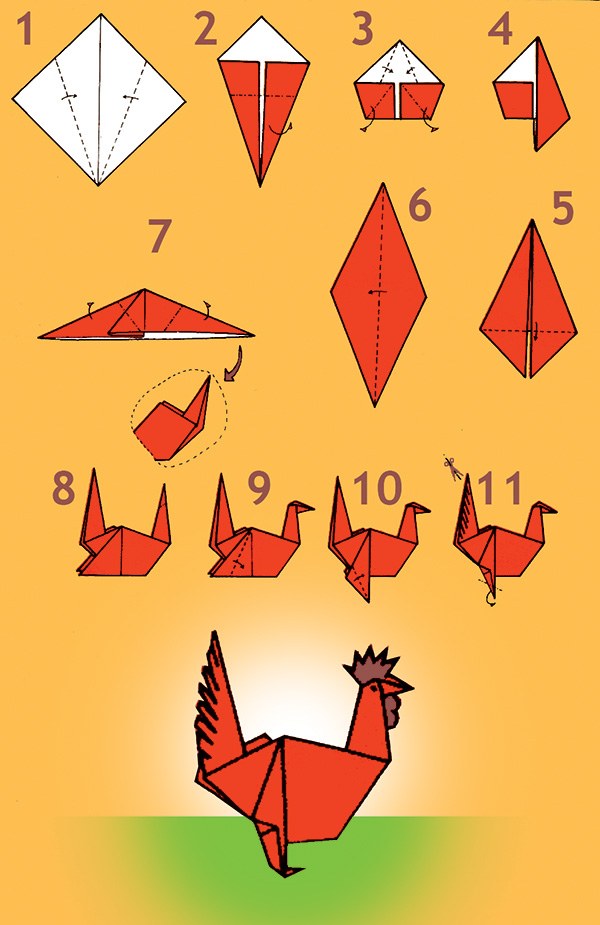 Оригами петух из бумаги схема для детей