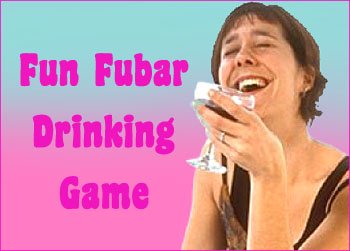 FUBAR is a drinking game with cards: Picture of a young woman holding a drink while laughing.