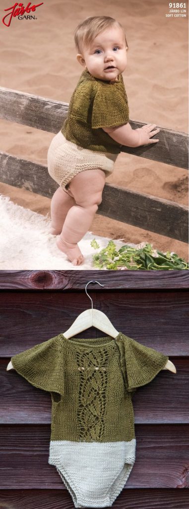 Free knitting pattern for a baby romper with lace panel
